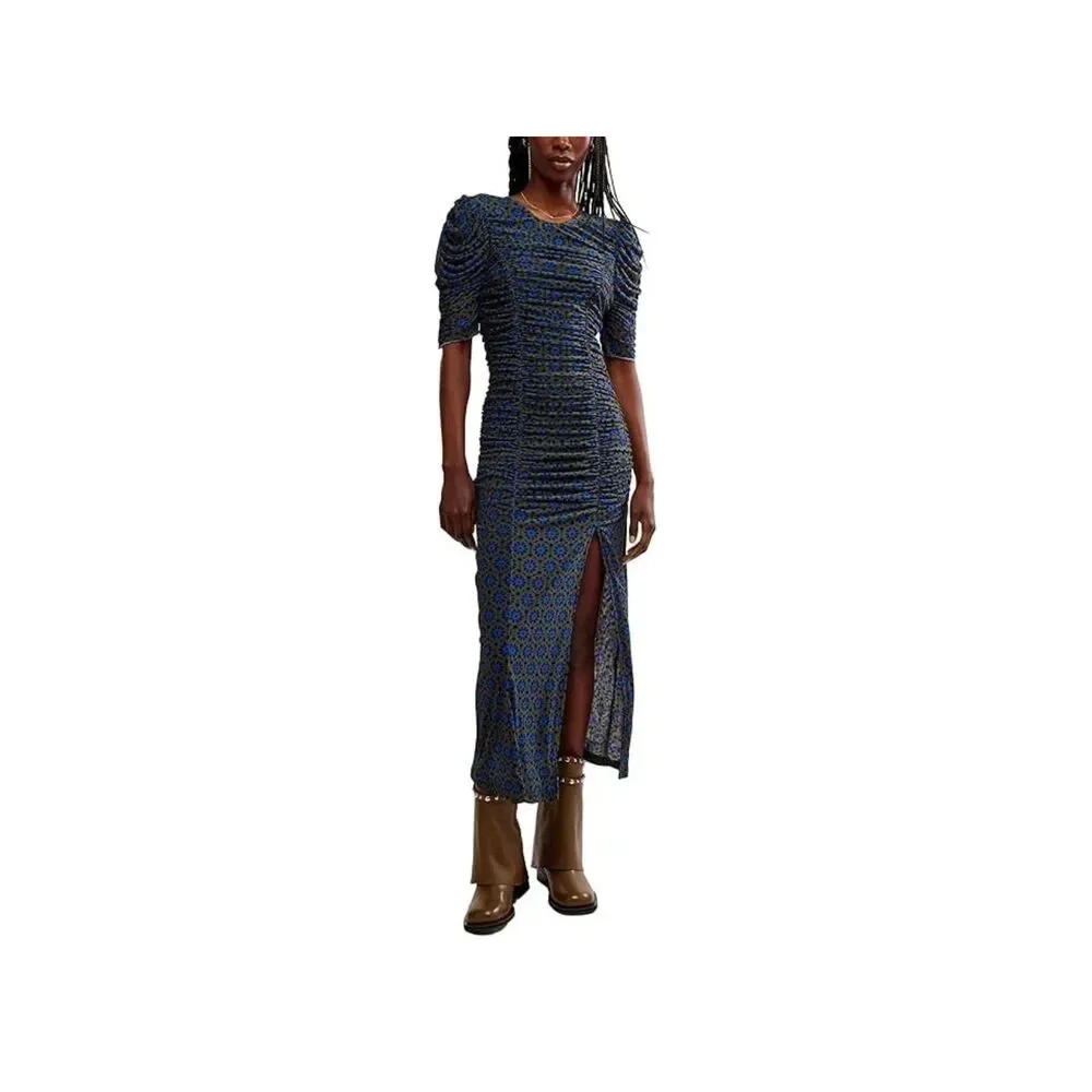 FREE PEOPLE NWT S Briella Ruched midi dress army combo 3/4 sleeves scrunch